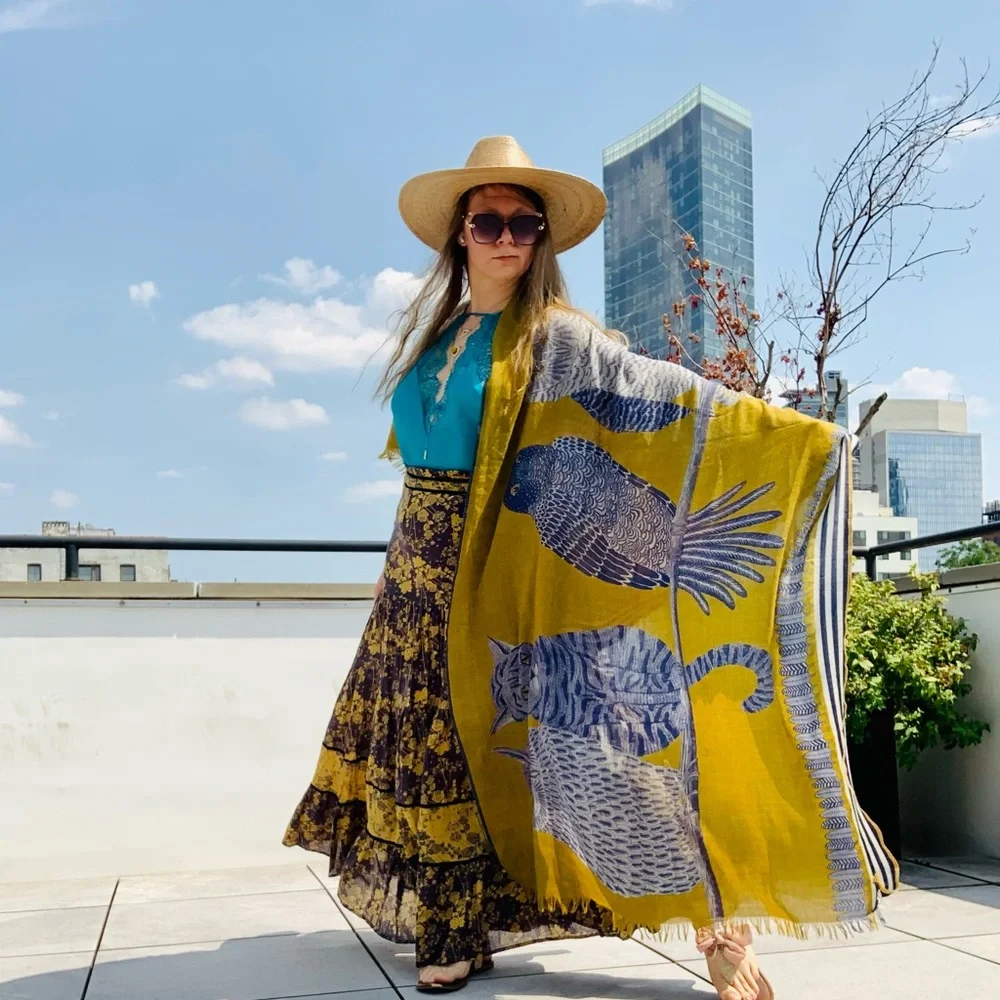 Inouïtoosh Wool Mustard Owl Cat Fringed Blanket Scarf